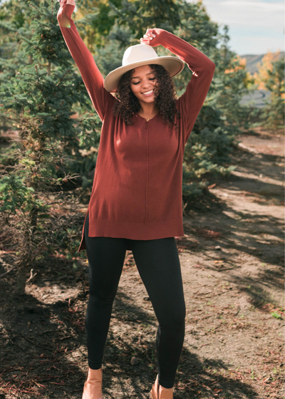 Long sleeve dark rust v-neck sweater