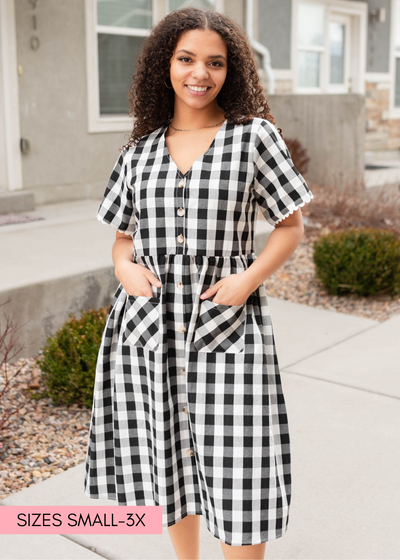 Black gingham button dress