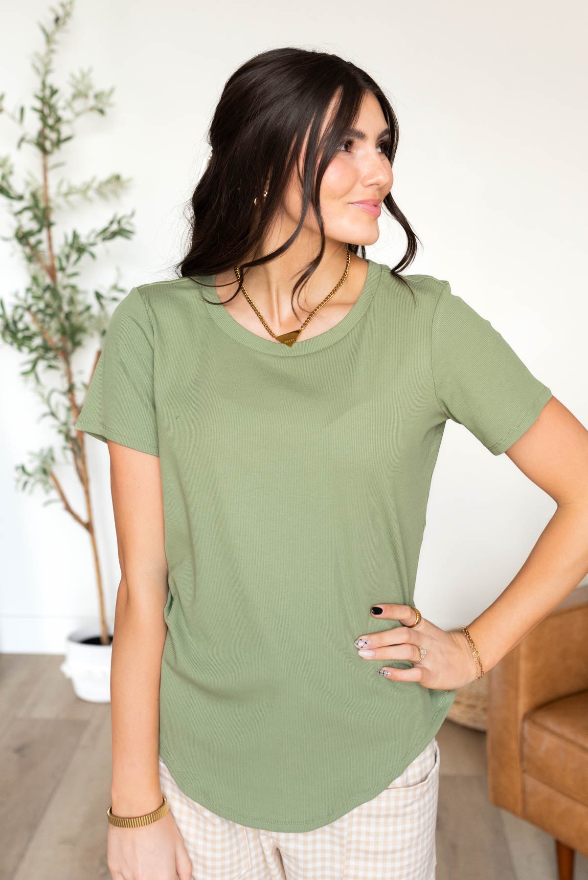 Short sleeve sage ribbed top