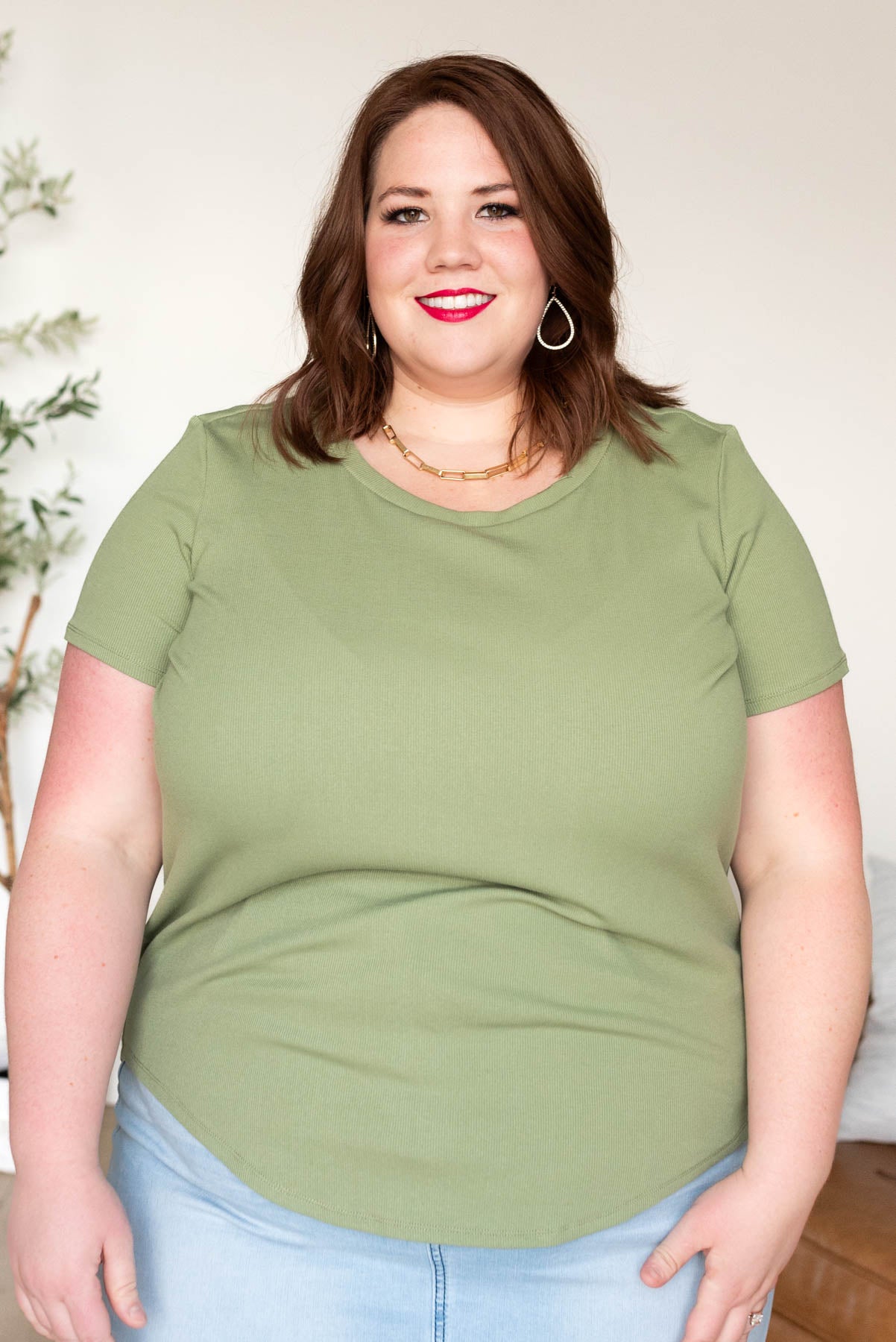 Short sleeve sage ribbed top in plus size