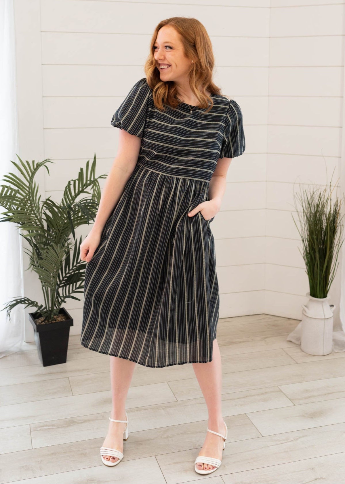 Navy jacquard stripe dress with short sleeves