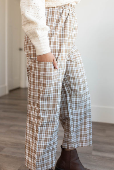 Side view of the coffee plaid pants