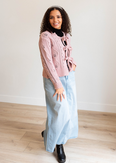 Long sleeve pink open tie cardigan