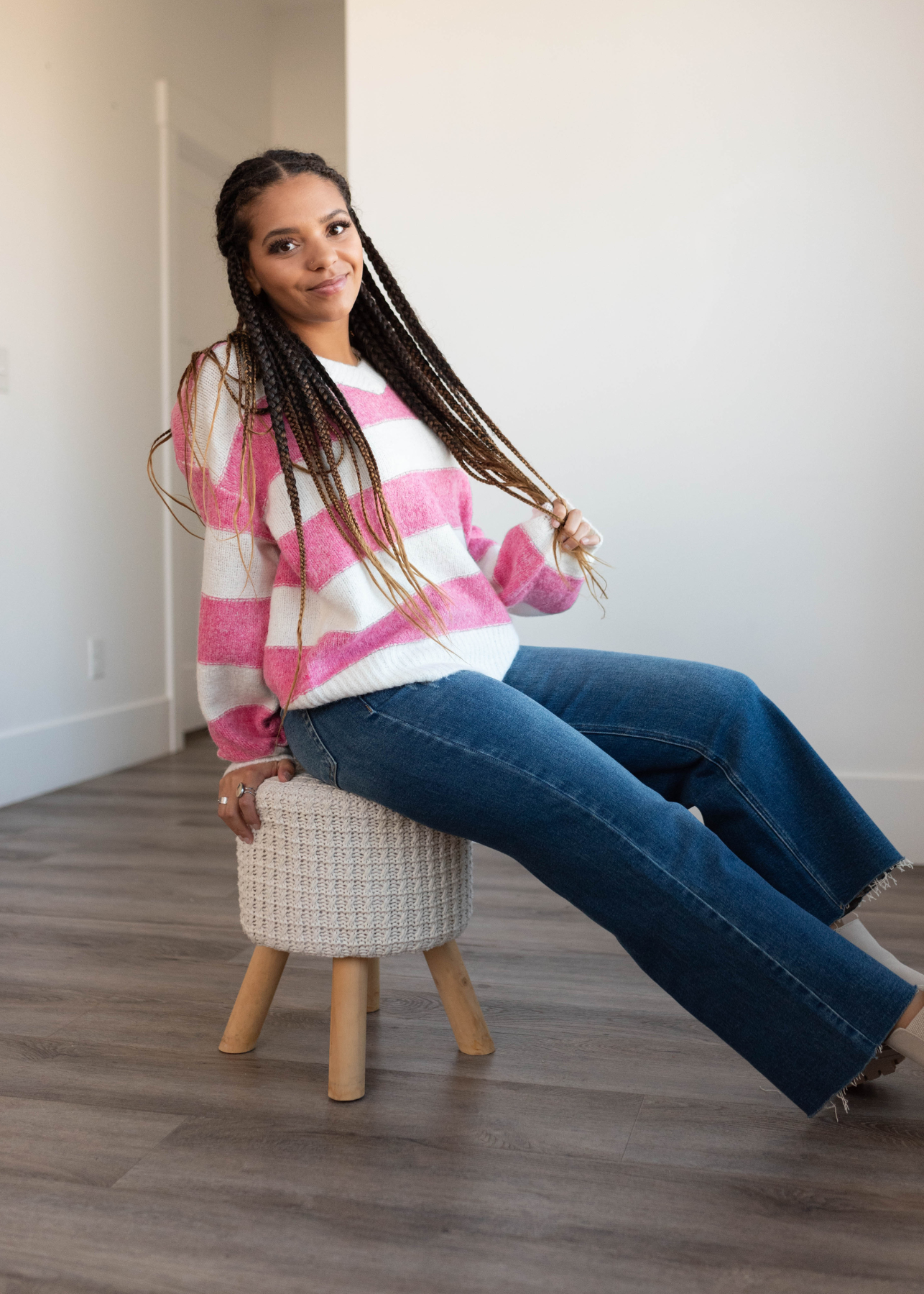 V-neck pink stripe sweater