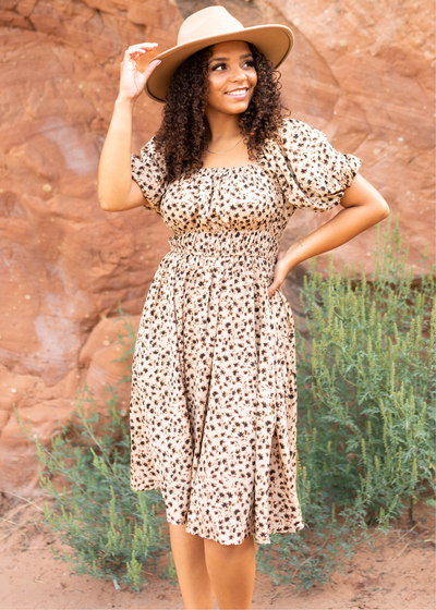 Square neck brown floral dress with short sleeves