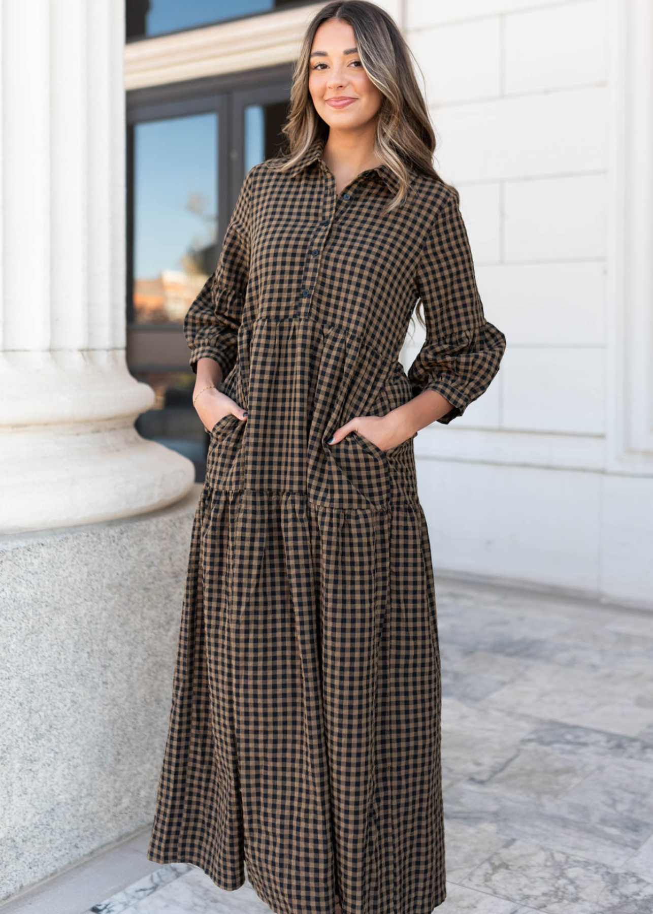 Brown gingham tiered dress