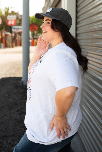 Side view of the plus size multi volor wildflower tee