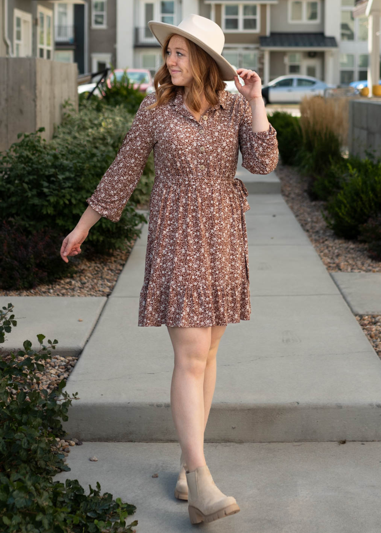 Knee length brown floral dress 