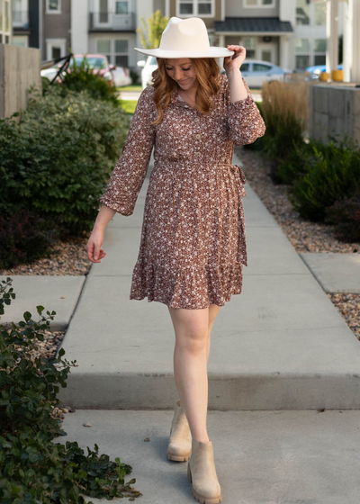 Long sleeve brown floral dress