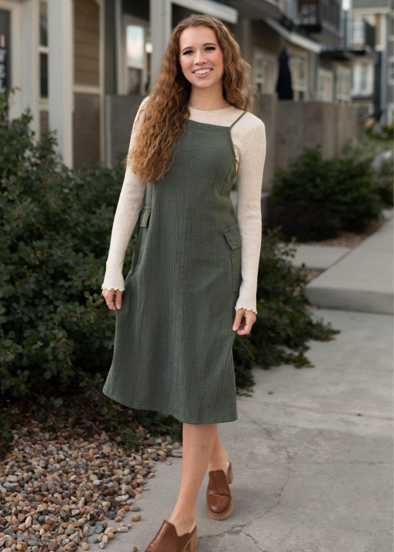 Below the knee dark olive dress