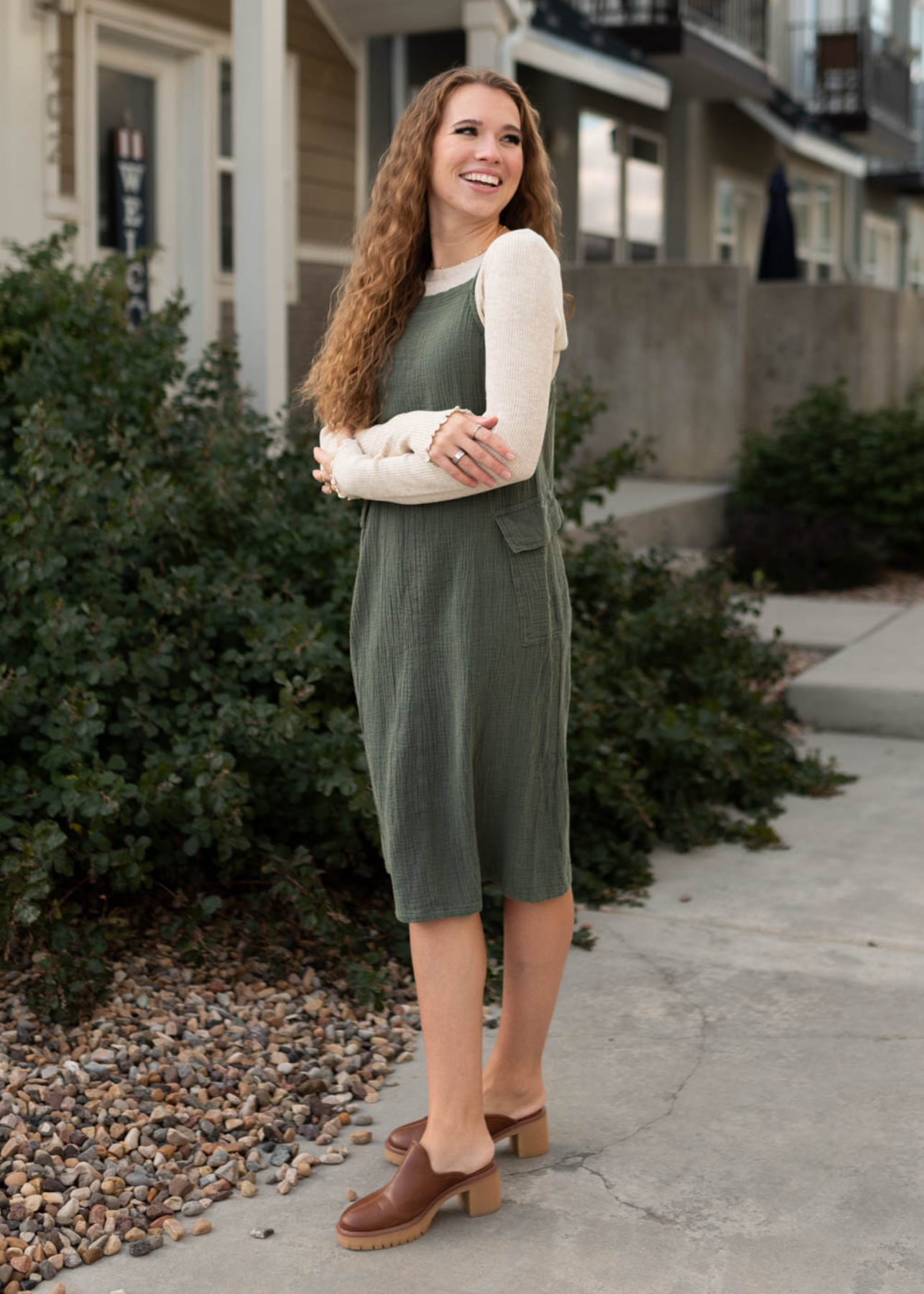 Dark olive dress with pockets on the side