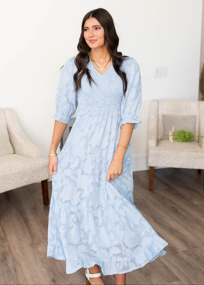 Short sleeve blue floral tiered dress