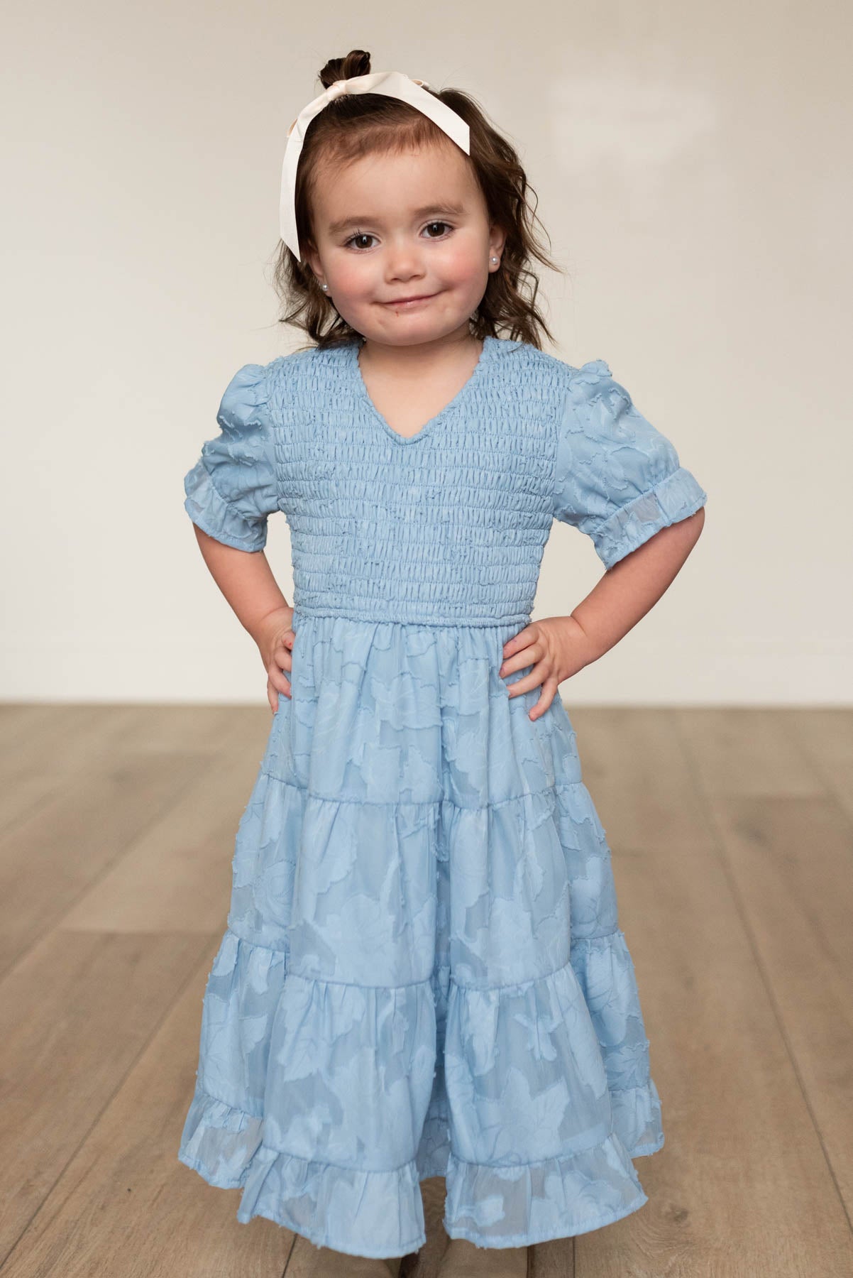 Blue floral tiered little girl dress with v-neck