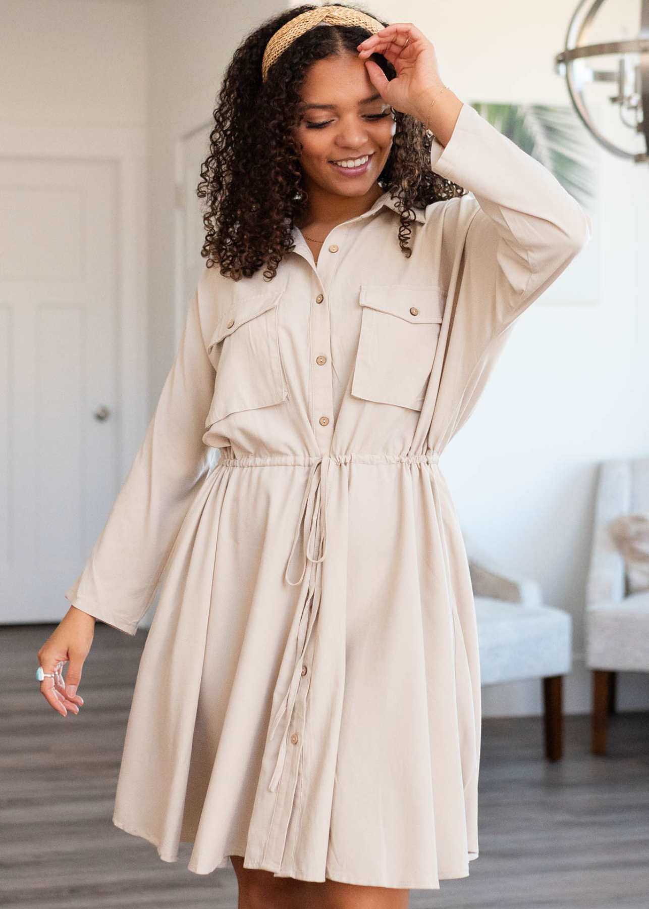 Long sleeve khaki dress that buttons up