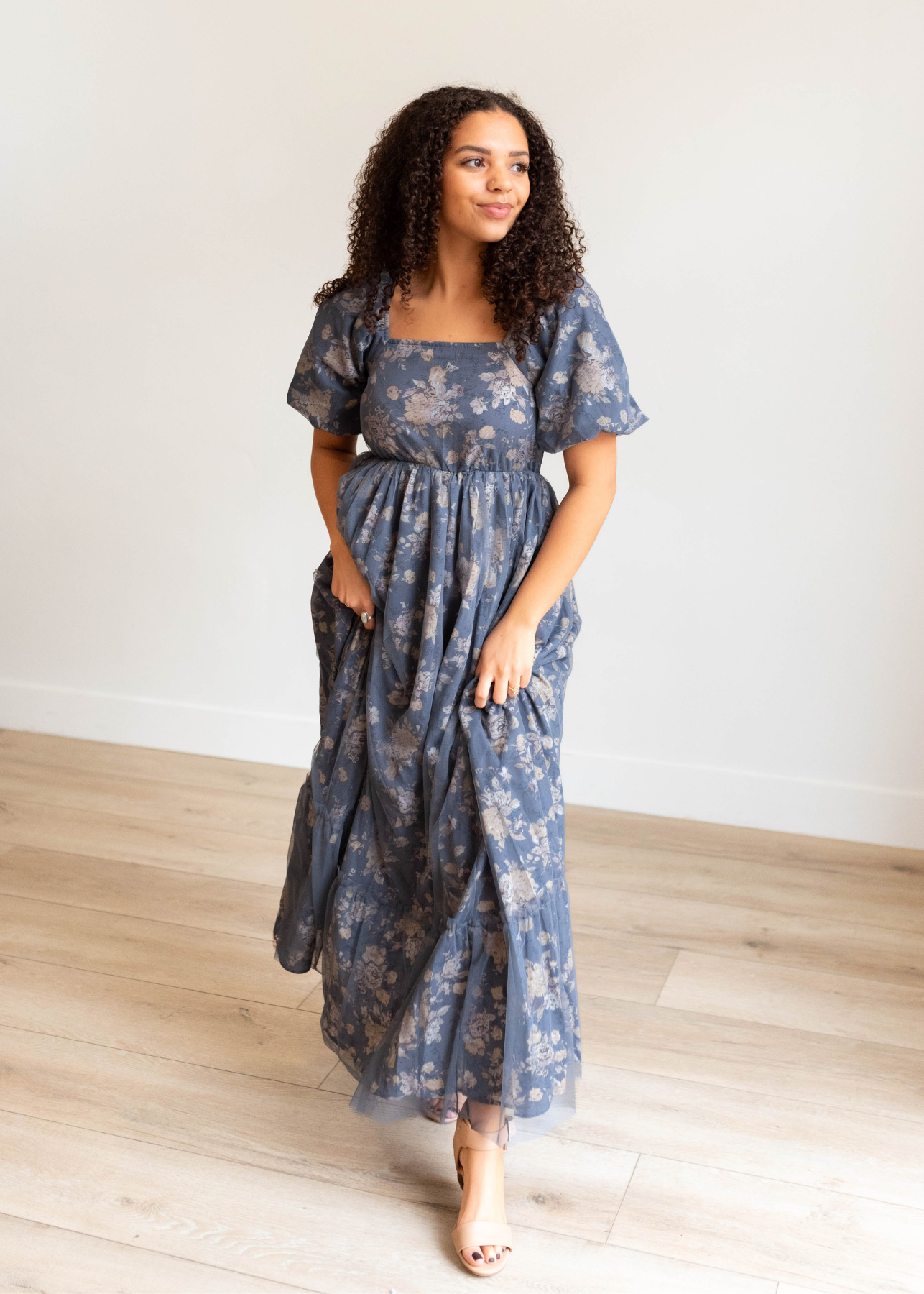 Navy multi floral dress with puff sleeves