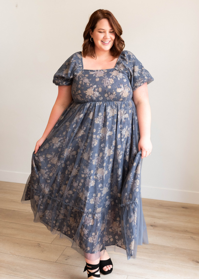 Plus size navy multi floral dress with short sleeves