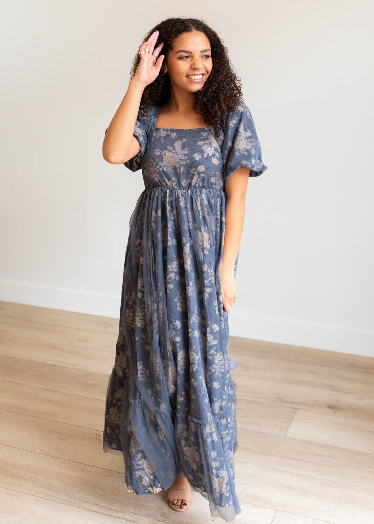 Square neck navy multi floral dress