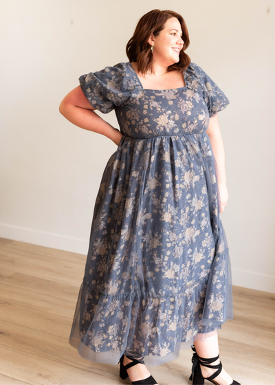 High waisted plus size navy multi floral dress