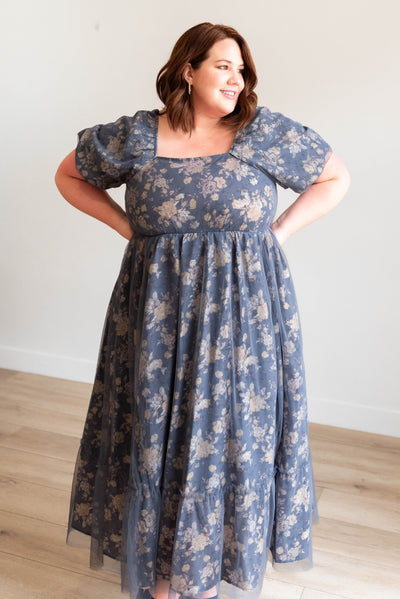 Plus size navy multi floral dress with square neck