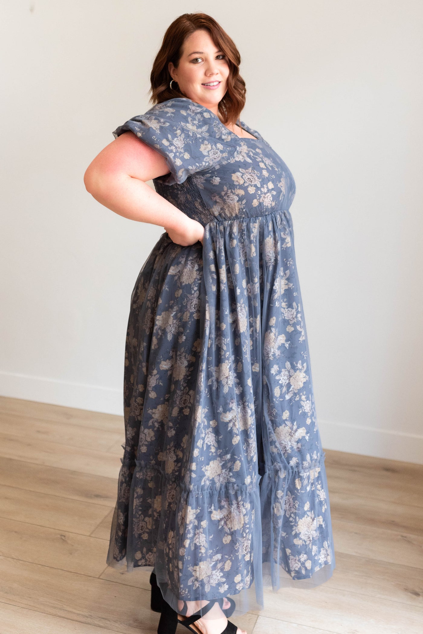 Navy multi floral dress with smocked back of the bodice