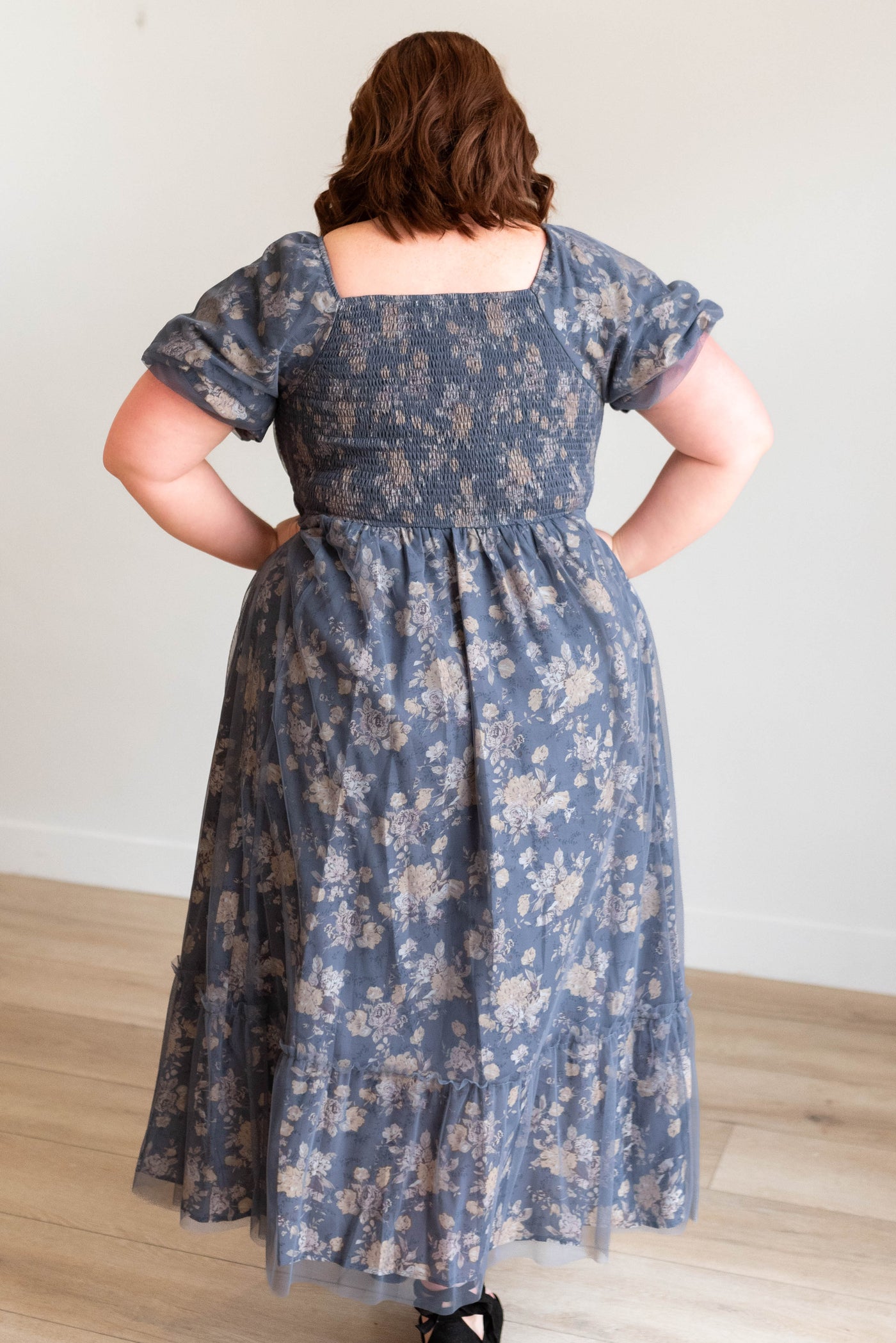 Back view of the navy multi floral dress