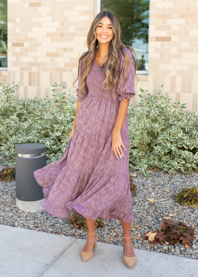 Dusty lilac floral dress with smocked bodice