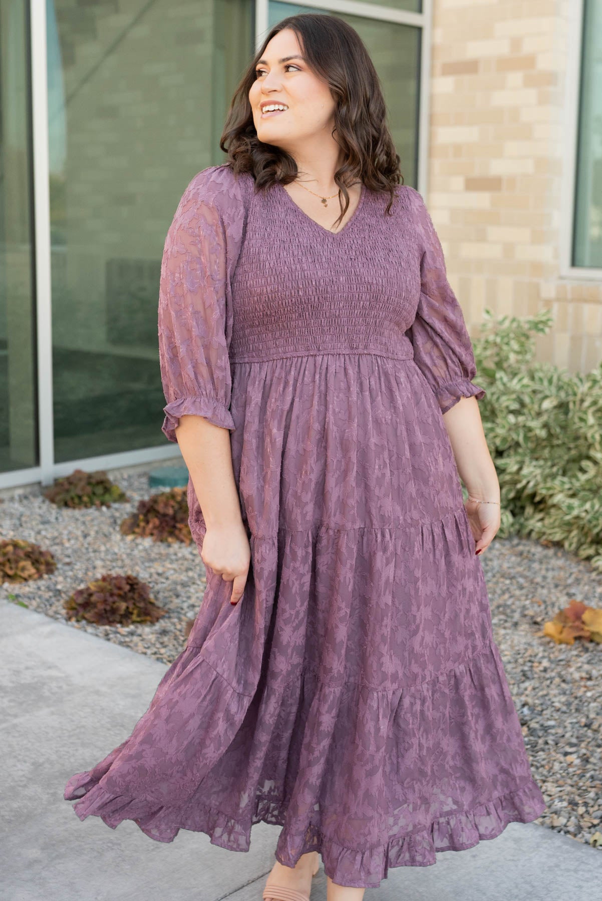 Plus size smocked bodice on the dusty lilac floral dress