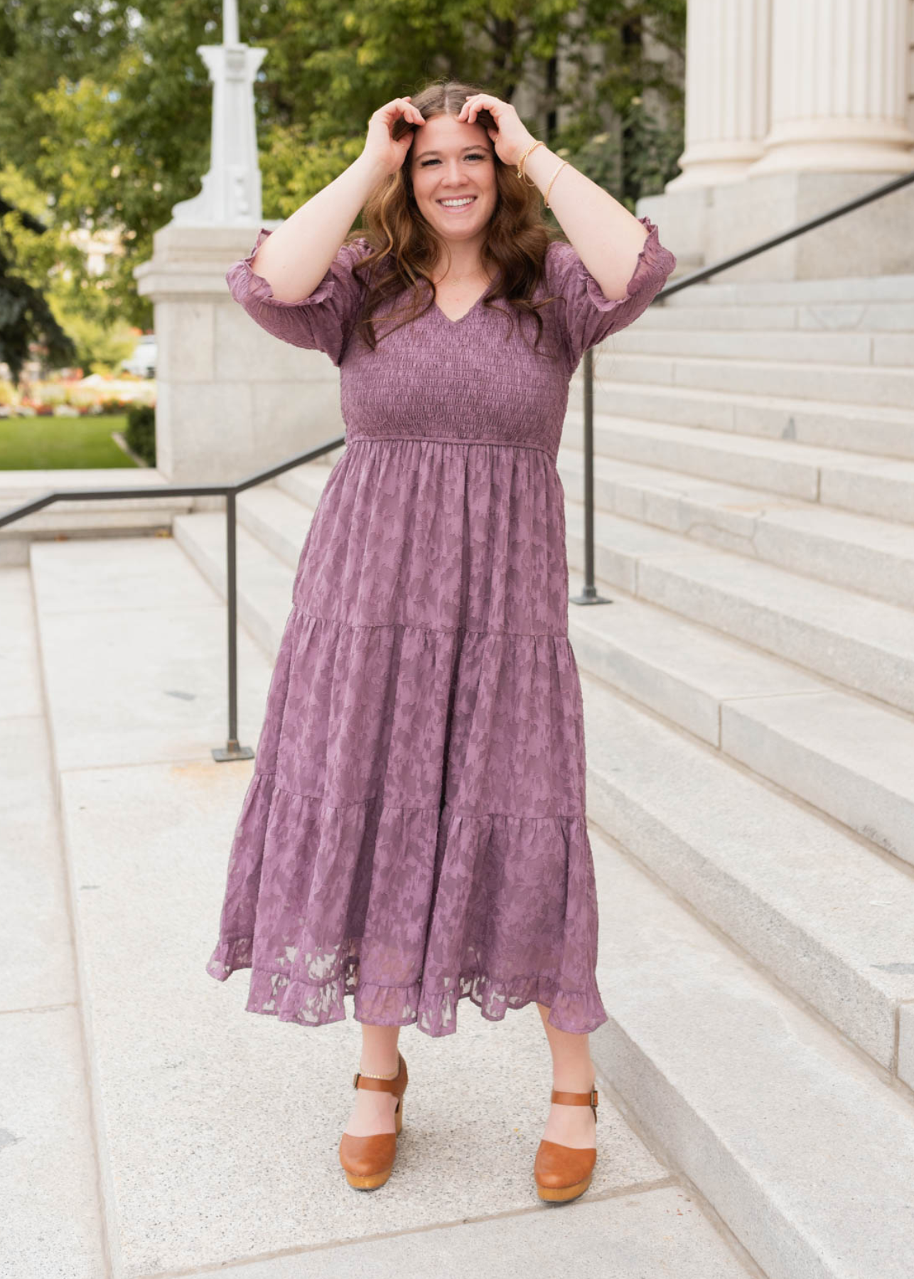 3/4 sleeve plus size purple floral dress