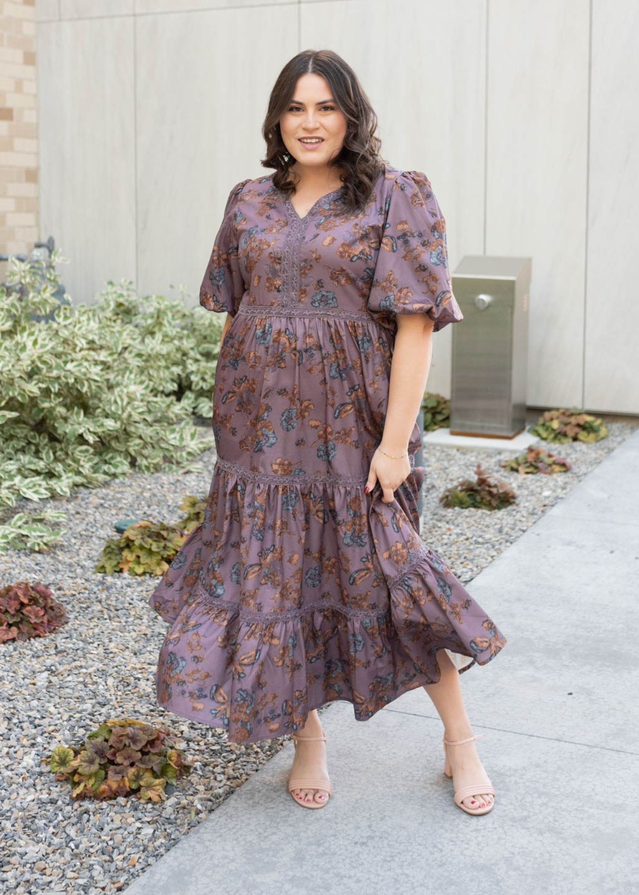 Plus size plum floral tiered dress with short sleeves