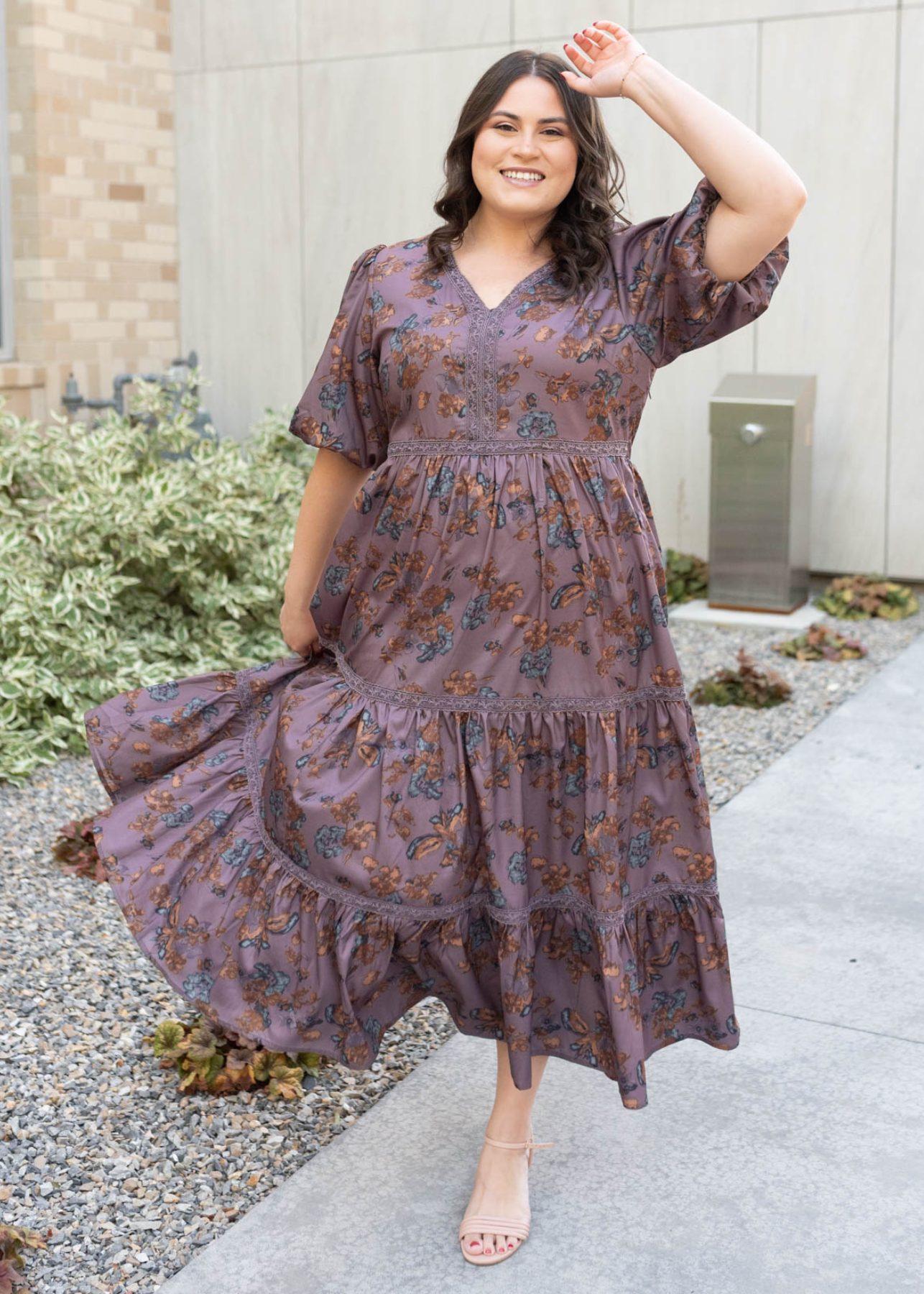 Plus size plum floral tiered dress