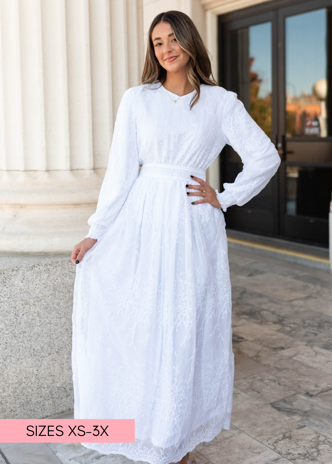 White embroidered maxi dress with long sleeves