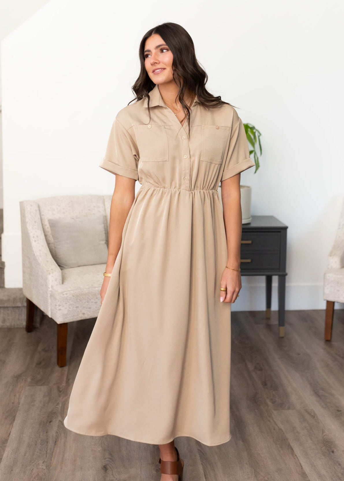 Taupe button down dress with pockets on the bodice