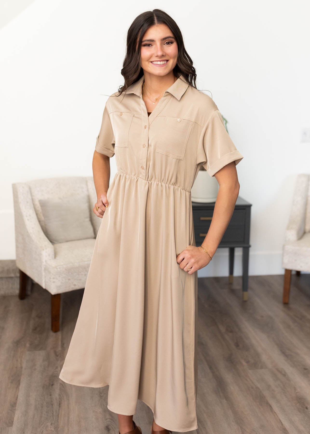 Short sleeve taupe button down dress