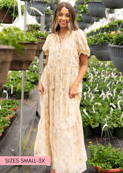 Short sleeve tan pattern tiered dress