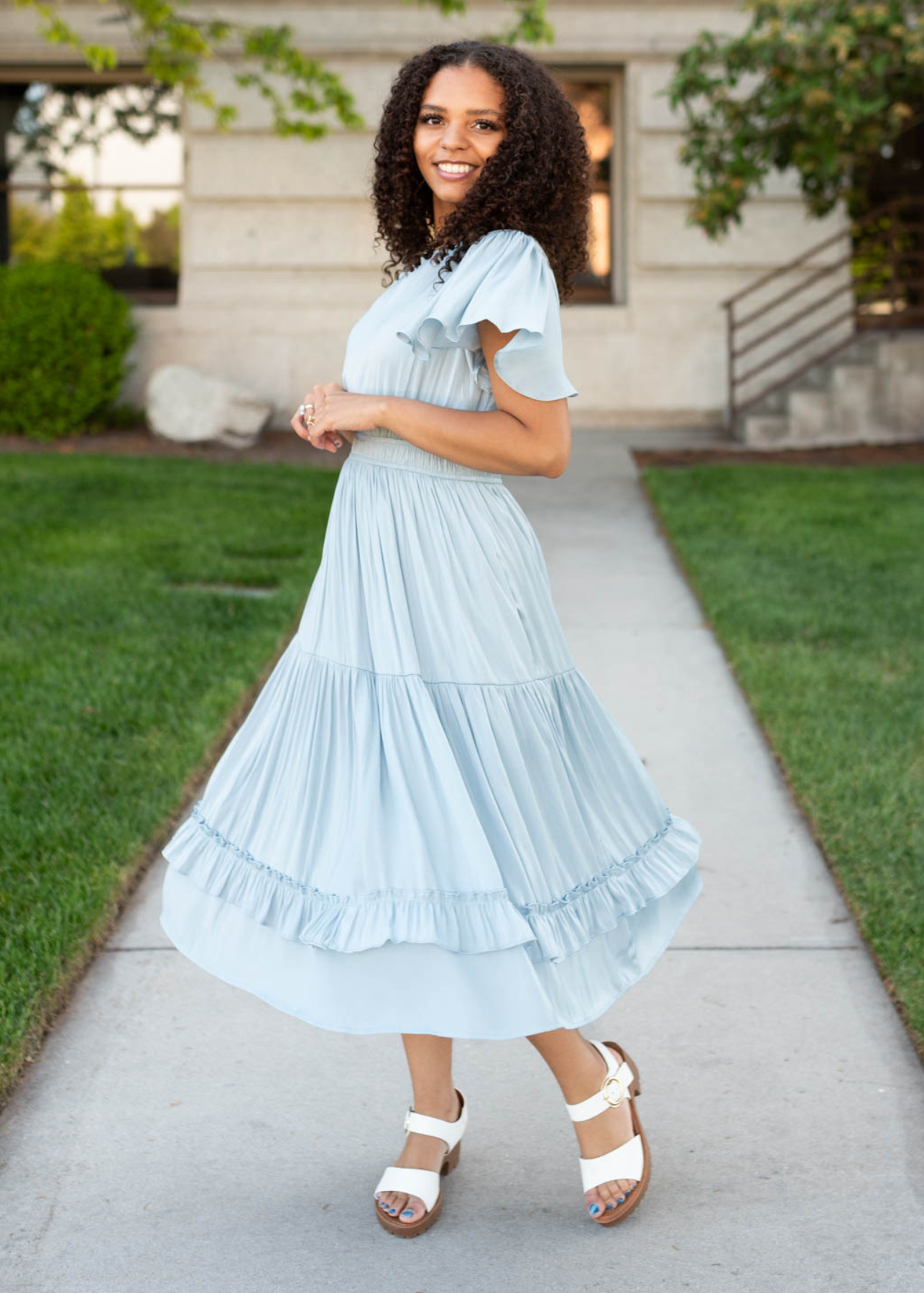 Short sleeve light blue satin dress