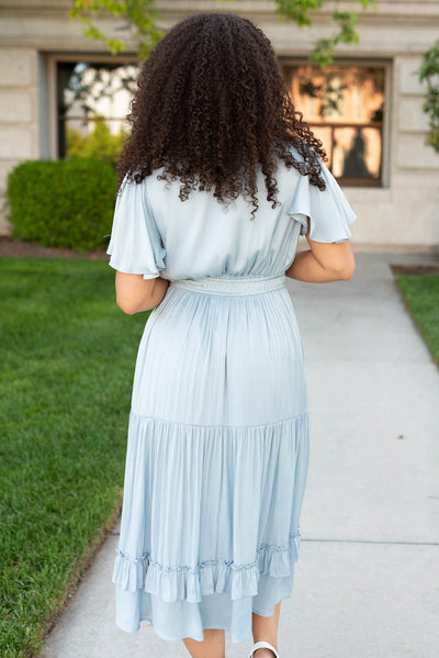 Back view of the light blue satin dress