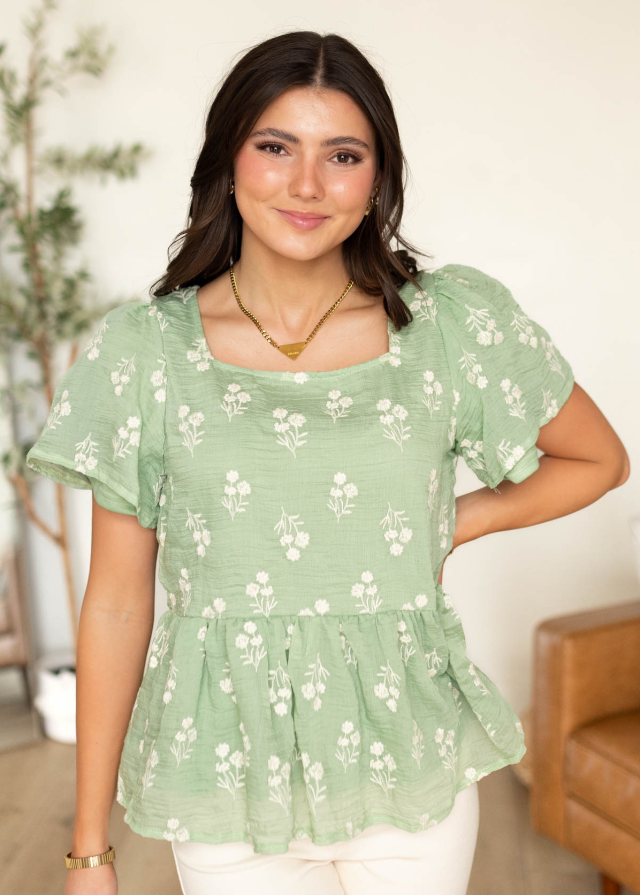 Sage floral blouse with square neck and peplum design