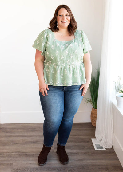 Sage floral blouse with short sleeves