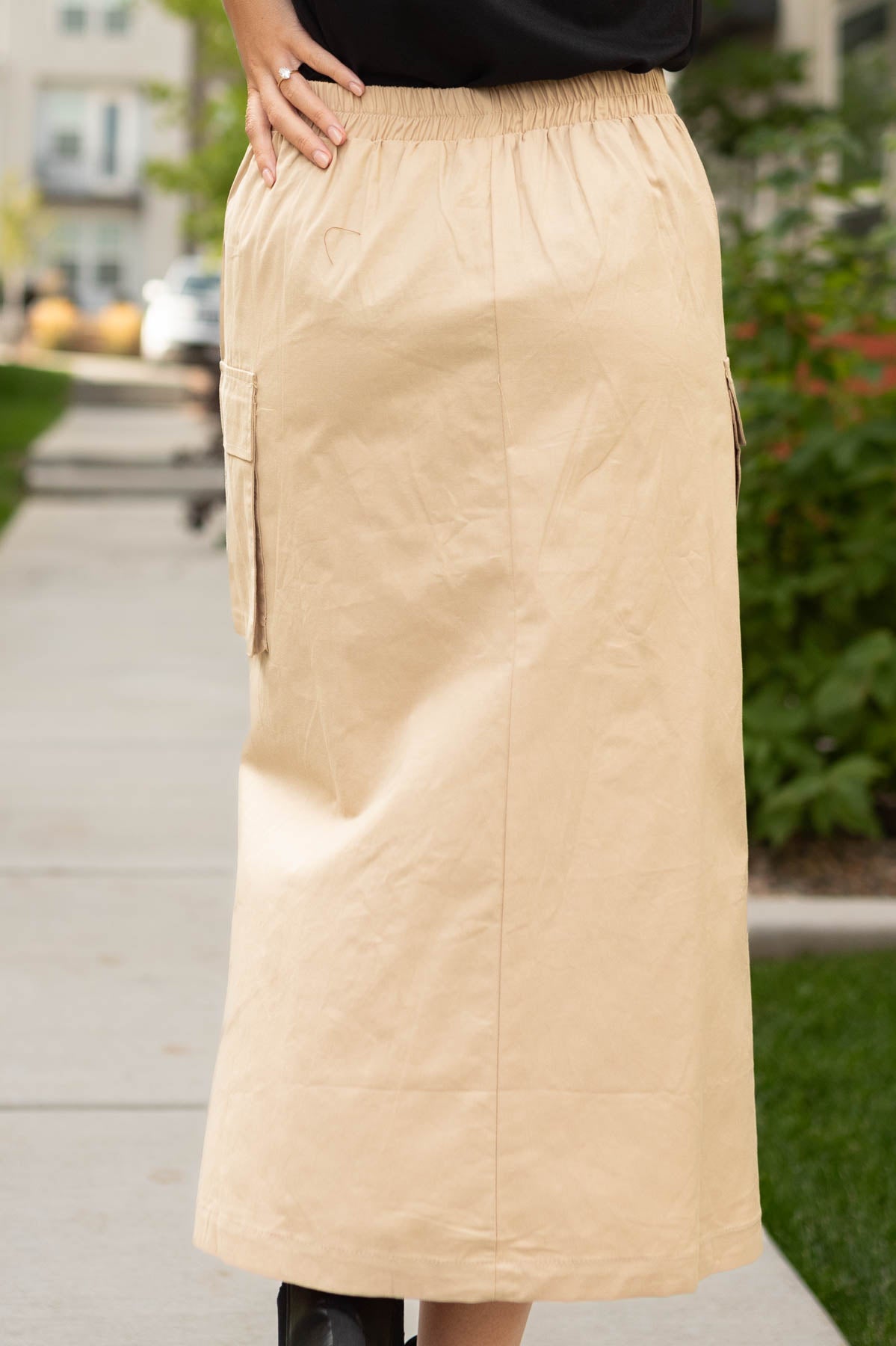 Back view of a beige skirt