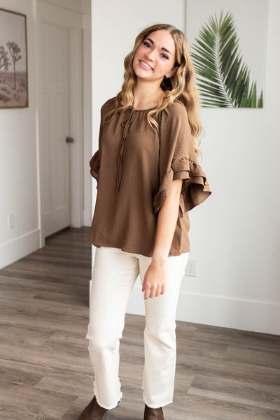 Short sleeve cocoa ruffle sleeve blouse