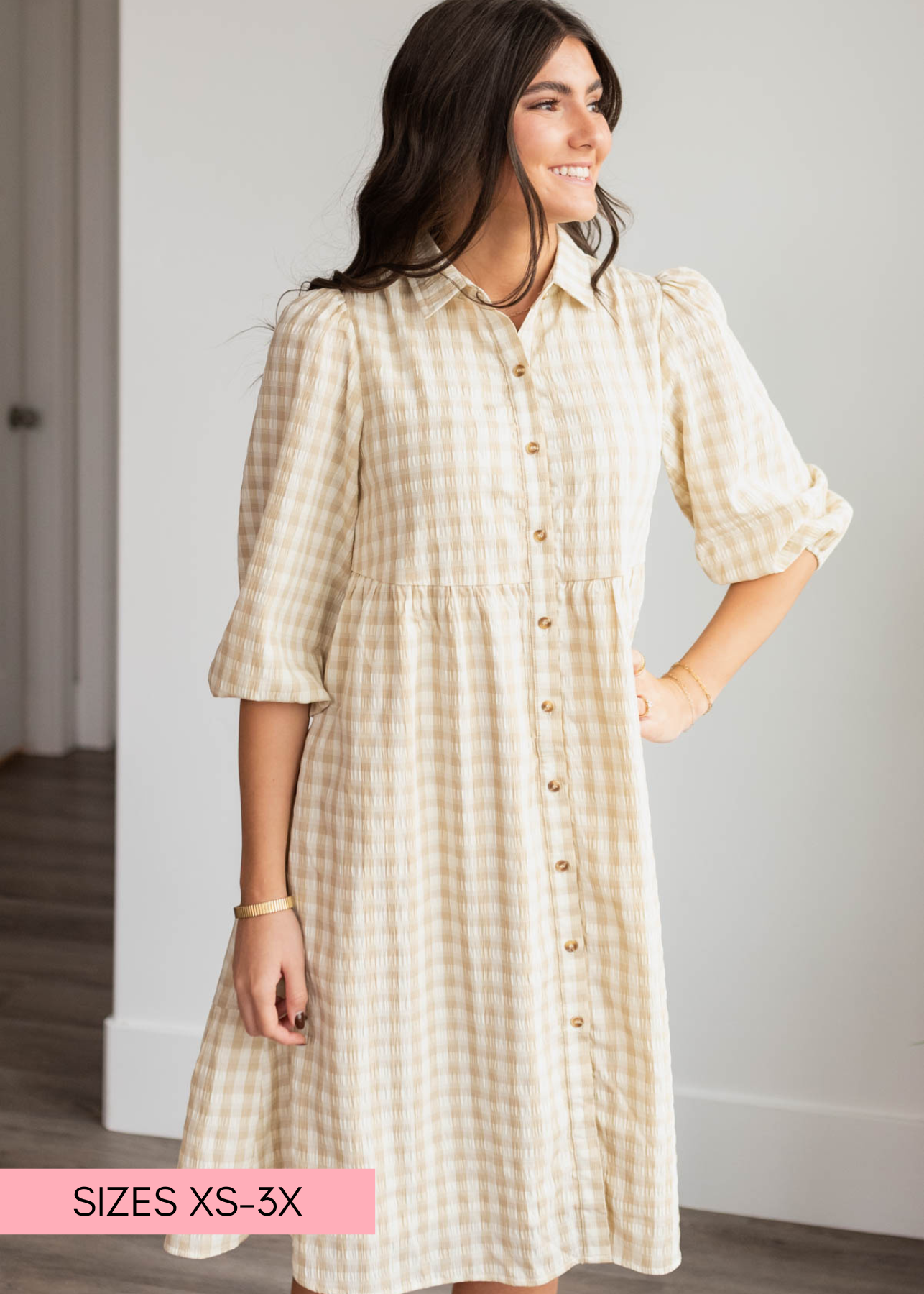 Small beige gingham button down dress