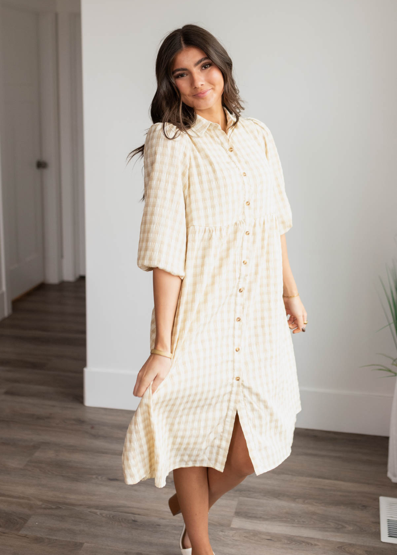 Beige gingham button down dress with long sleeves