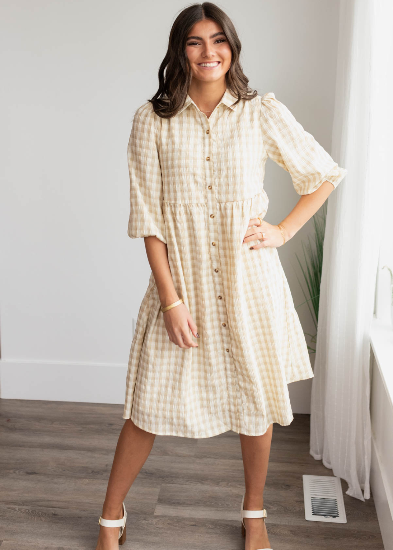 Long sleeve beige gingham button down dress