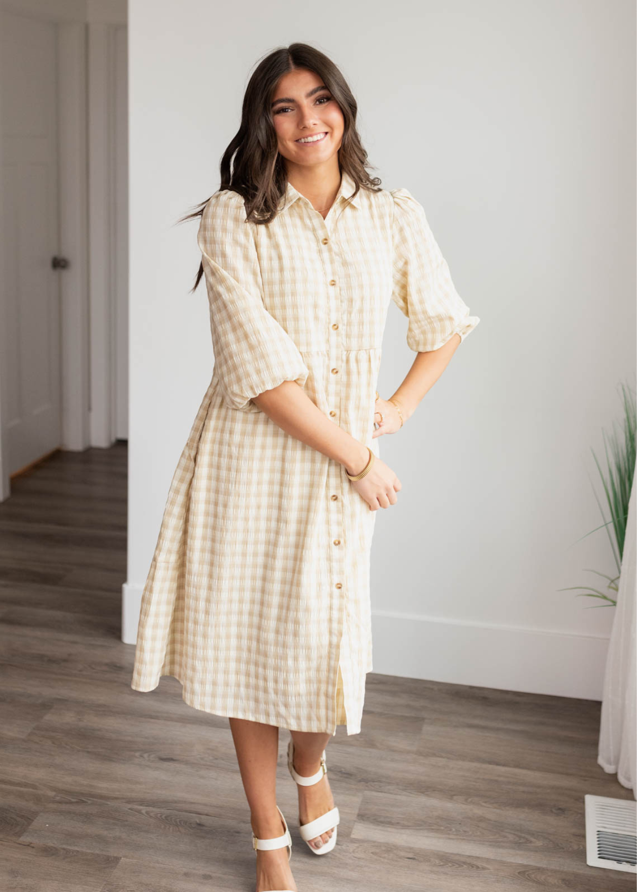 Beige gingham button down dress