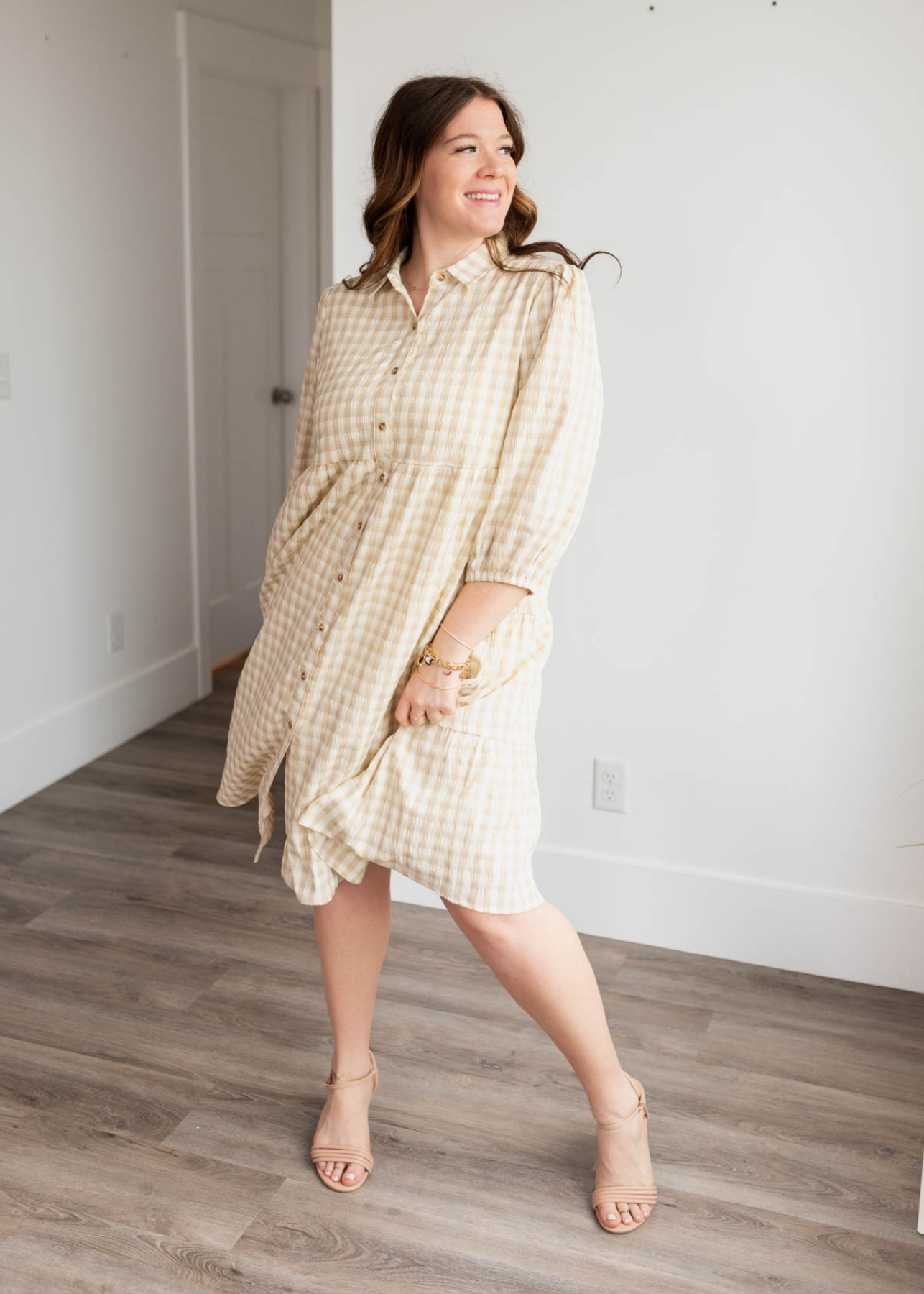 Cambree Taupe Gingham Button Down Dress