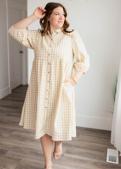 Beige gingham button down dress in plus size