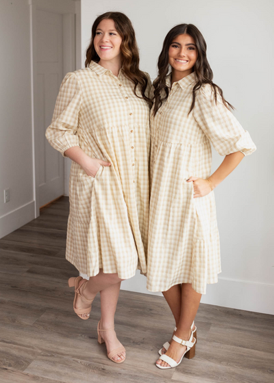 Cambree Taupe Gingham Button Down Dress