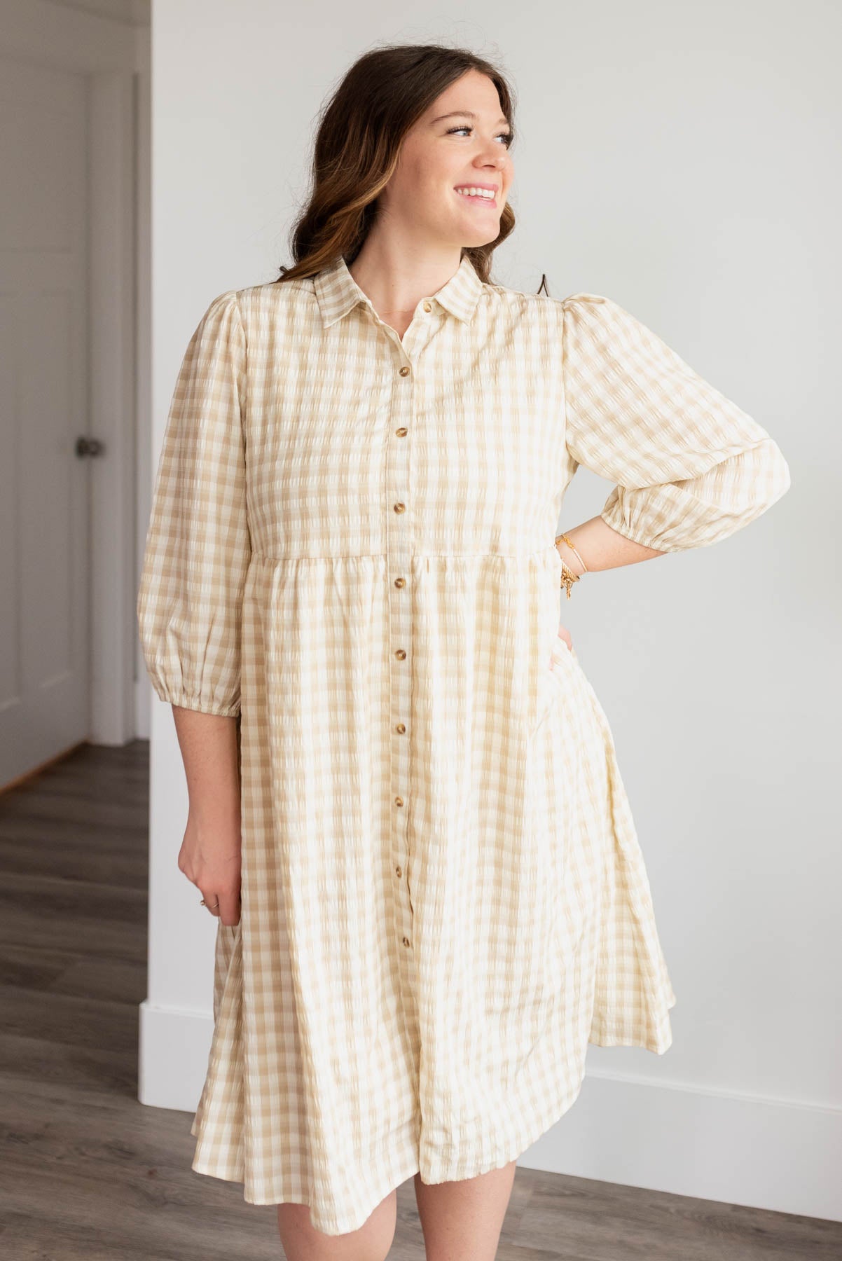 Plus size beige hingham button down dress with a collar