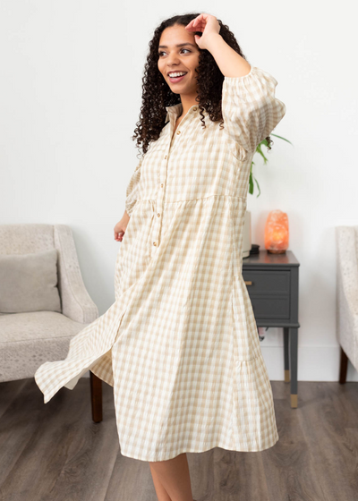 Long sleeve taupe gingham button down dress