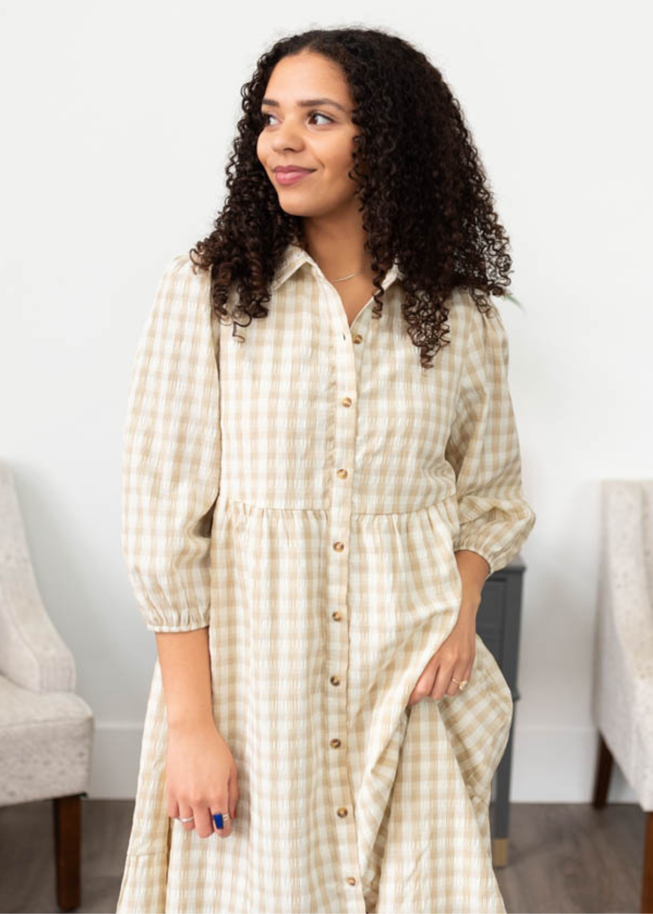 Taupe gingham button down dress